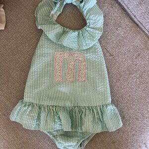 Kids Mint Green Striped Bodysuit with Ruffle by [Brand]